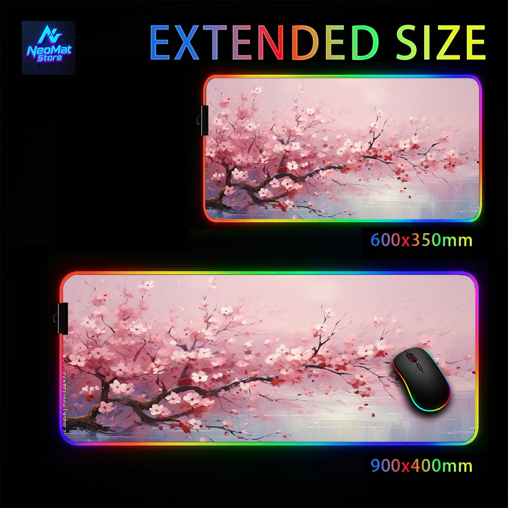 Rgb Cherry Blossom Mouse Pad Lighting Pink Mousepad Sakura Japanese Large Mouse Mat Gamer with Backlight Carpet Led Gaming Mats