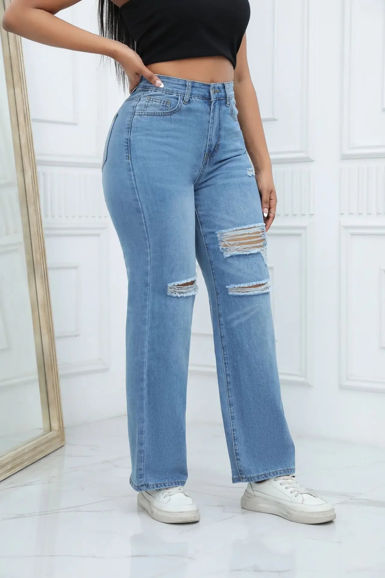 Women'S Ripped Boyfriend Jeans Draping Straight Leg Jeans Korea Ladies Stretch Hole Denim Trousers Button Pocket High Waist Pant
