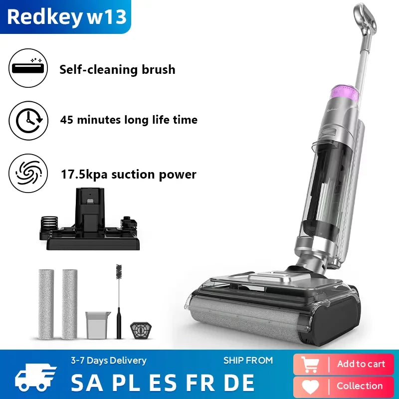 Redkey-W13 Wireless Wet and Dry Vacuum Cleaner, 17.5kPa 45mins Multi-Surface Smart Cordless Mop, Floor Washer, Self-Cleaning