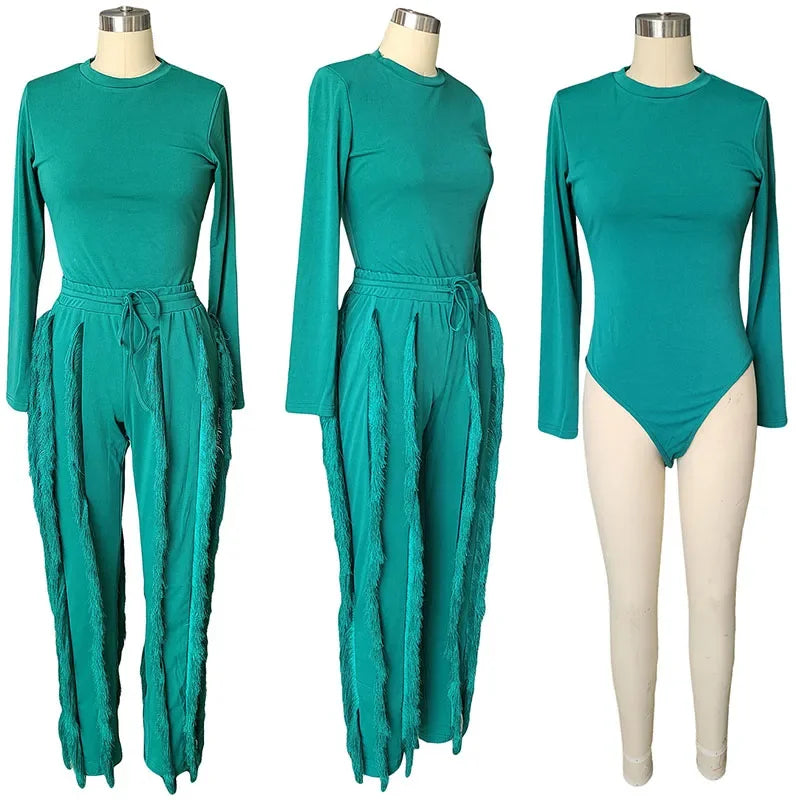 Elegant 2 Piece Sets Women Outfit 2025 Fall Winter Long Sleeve Bodysuit Top and Tassel Pants Matching Sets Ensembles Pantalons