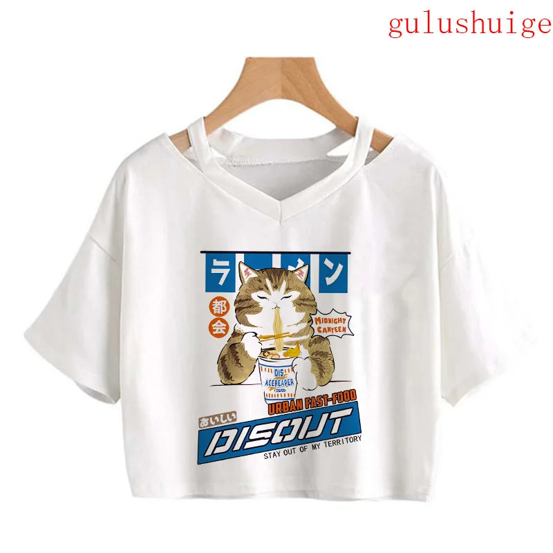 Y2k Crop Top Funny Cute Cat T Shirt Women Shirt Cropped Harajuku Graphic Ulzzang T-shirt 90s Tshirt Top Tee Female Gothic