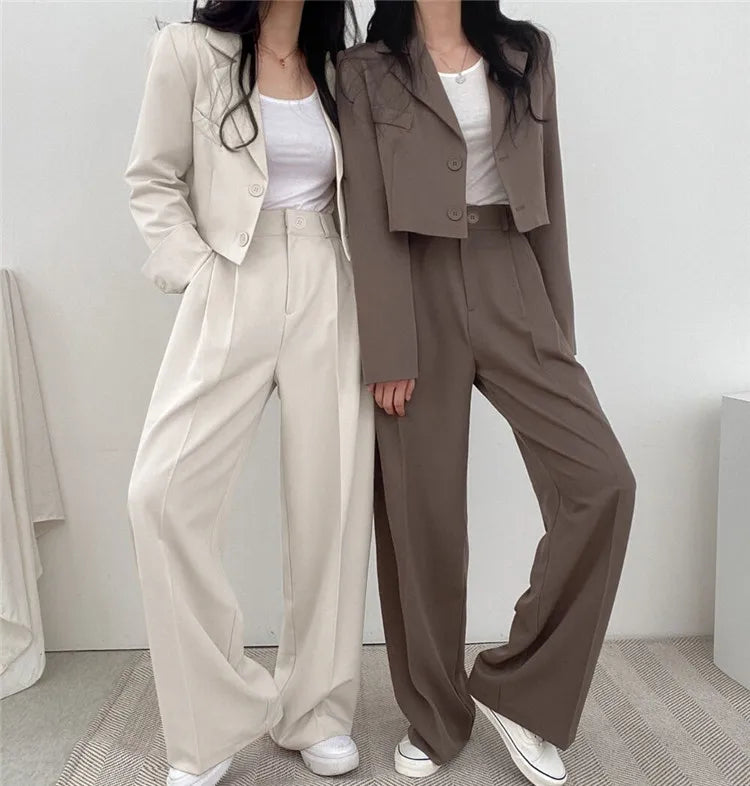 Suit Coat 2 Piece Set Women Blazer Jacket Straight Pants Ensemble Single Breasted Turn Down Collar Trousers Office Lady Outfits