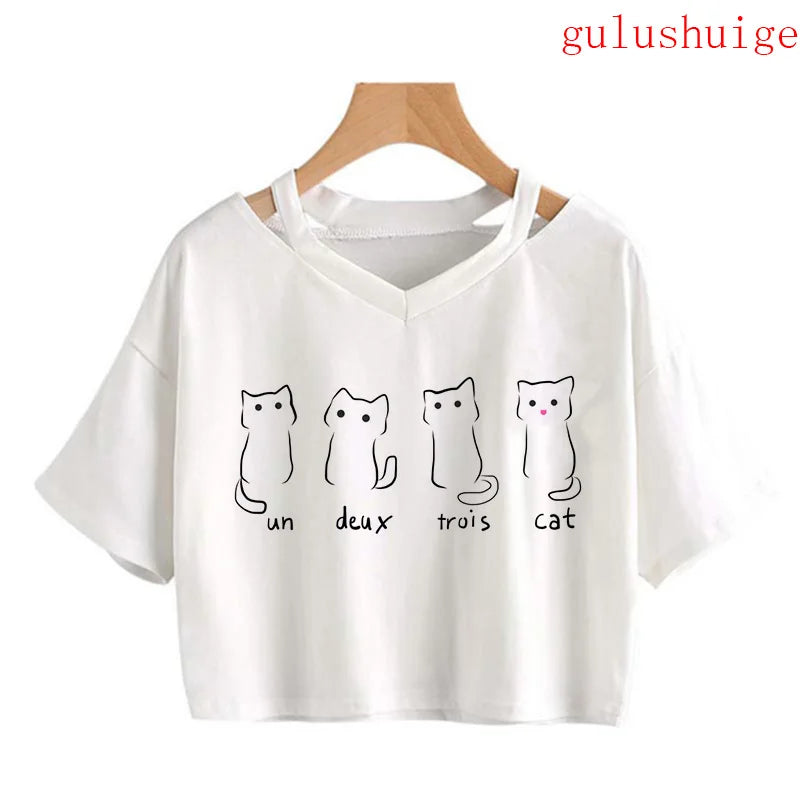 Y2k Crop Top Funny Cute Cat T Shirt Women Shirt Cropped Harajuku Graphic Ulzzang T-shirt 90s Tshirt Top Tee Female Gothic