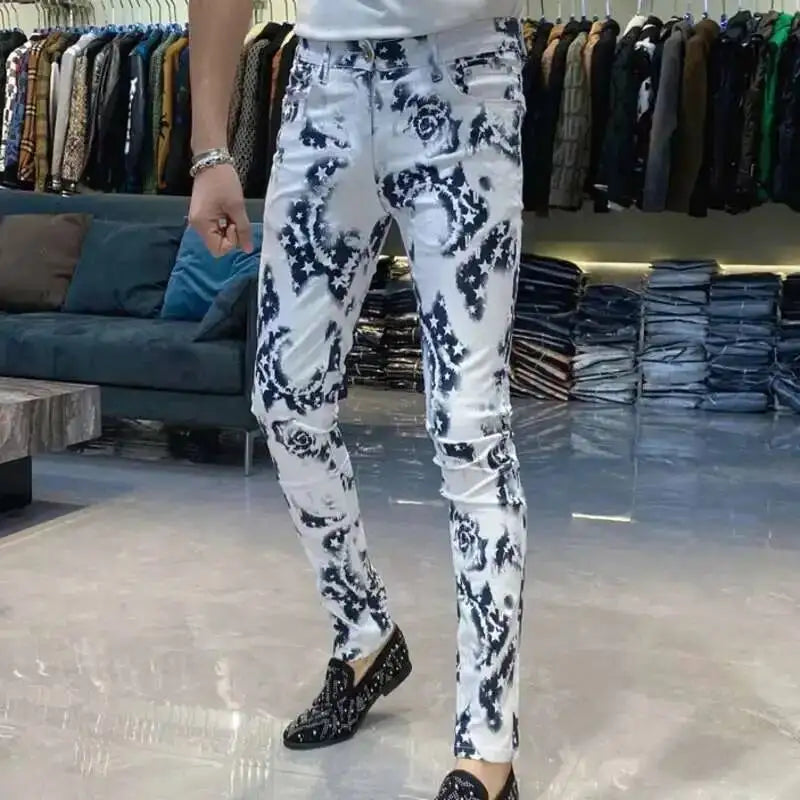 Trendy Men's Slim Fit Jeans Personalized Print Street Elastic Men's Pant Pantalon Homme Punk Denim Long Pants Hip Hop Jeans