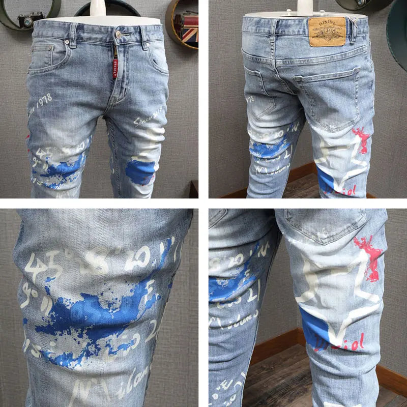 Designer Fashion New Men's Jeans Letter Printed Washed Nostalgic Stretch Slim Fit Retro Light Blue Jeans Hip Hop Brand High Qual
