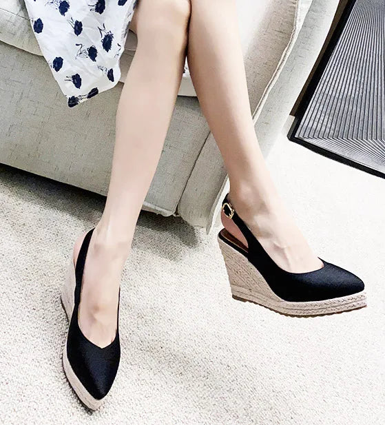 LIHUAMAO elegance pumps wedges slingbacks shoes ankle strap pointed toe sexy women high heel shoes slip on loafers casual