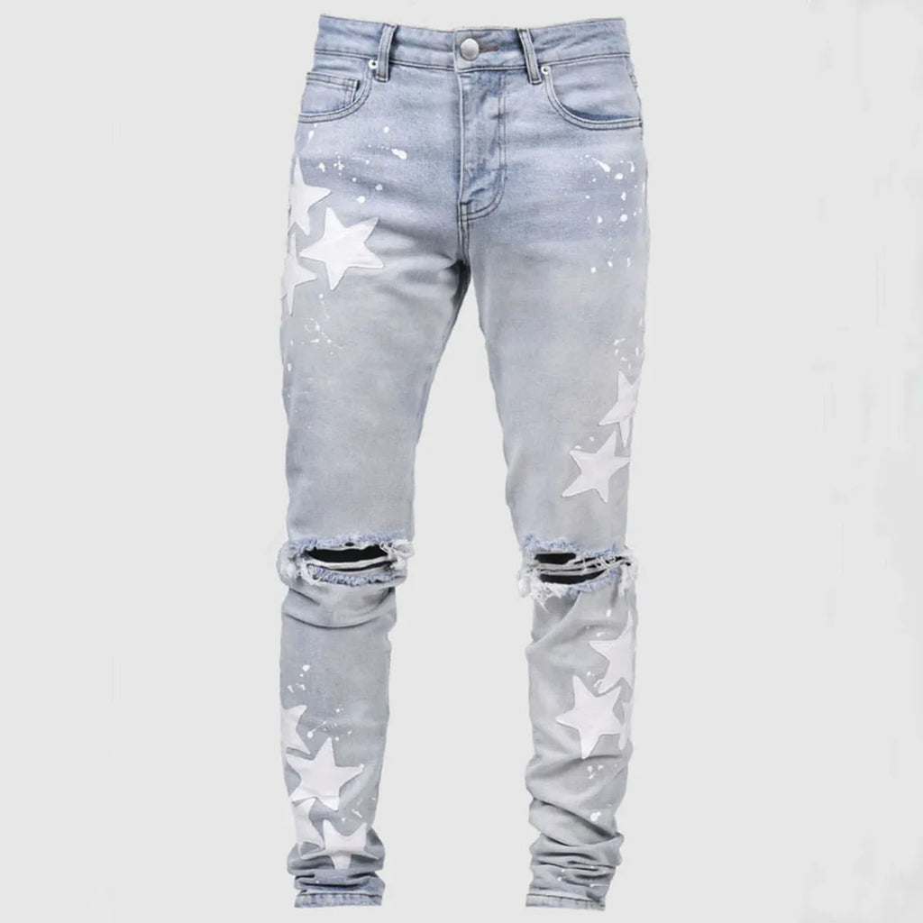 Ripped Men Jeans Denim Pant Star Mid Waist Slim Fit Vintage Wash Punk Style Skinny Pencil Pants Distressed Holes Ankle Length