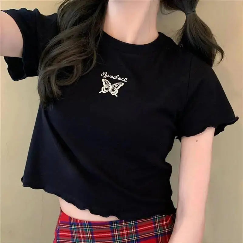 Y2K Crop Top T-shirt Women O-neck High Waist Slim Crop Top Butterfly Embroidered Short-Sleeved Tee Shirt T-shirts  Woman Clothes