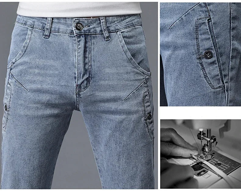2024 New Men's Skinny Jeans Blue Gray Cotton Elasticity Straight Pencil Foot Slim Fit Fashionable Casual Denim Long Pants Male