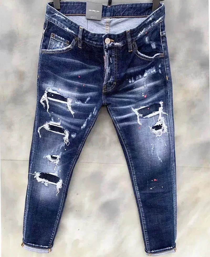 Men Ripped Skinny Denim Jeans Blue Holes Jeans Italian Style Stretch Denim Pants High Quality Male Slim Fit Denim Trousers  38