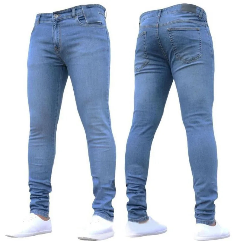 European and American New Style Tight and Personalized Popular Jeans 2024 Fashion Men's Elastic Solid Color Slim-fit Pants