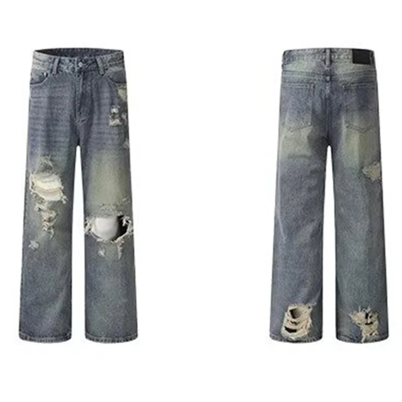 Men Ripped Straight Leg Jeans American Style Trend High Street Loose Bootcut Pants Fashion Male Simplicity Classic Blue Trousers