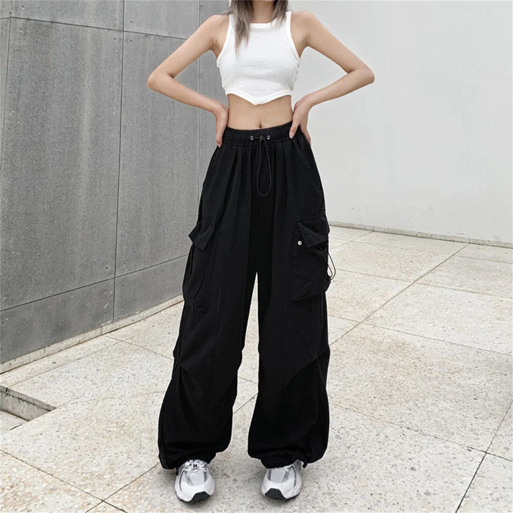 Red Big Pockets Cargo Pants Women High Waist Loose Streetwear Baggy Tactical Trouser Fashion Hip Hop Joggers Trousers Female
