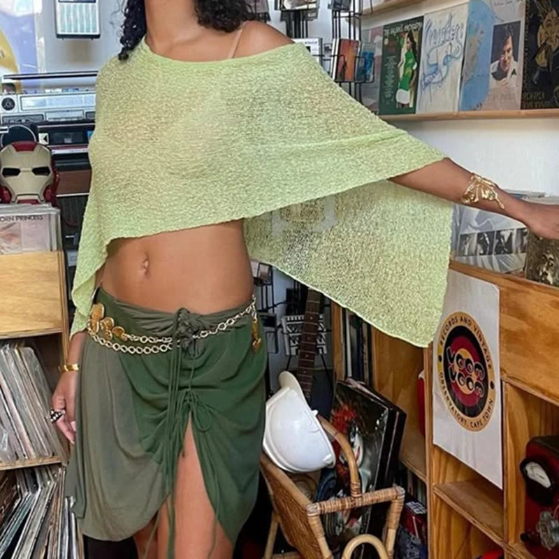 hirigin Boho Beach Vacation Pullovers Tees Summer Irregular Knitted Cover-ups Crop Tops Y2k Aesthetic Vintage Smocked T-shirt