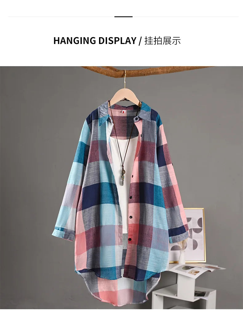 Women's Plaid Shirt Casual Blouses Woman Tops for Women Long Sleeve Long Sleeve Shirts Chic Blouse Check Linen Cotton Clothing