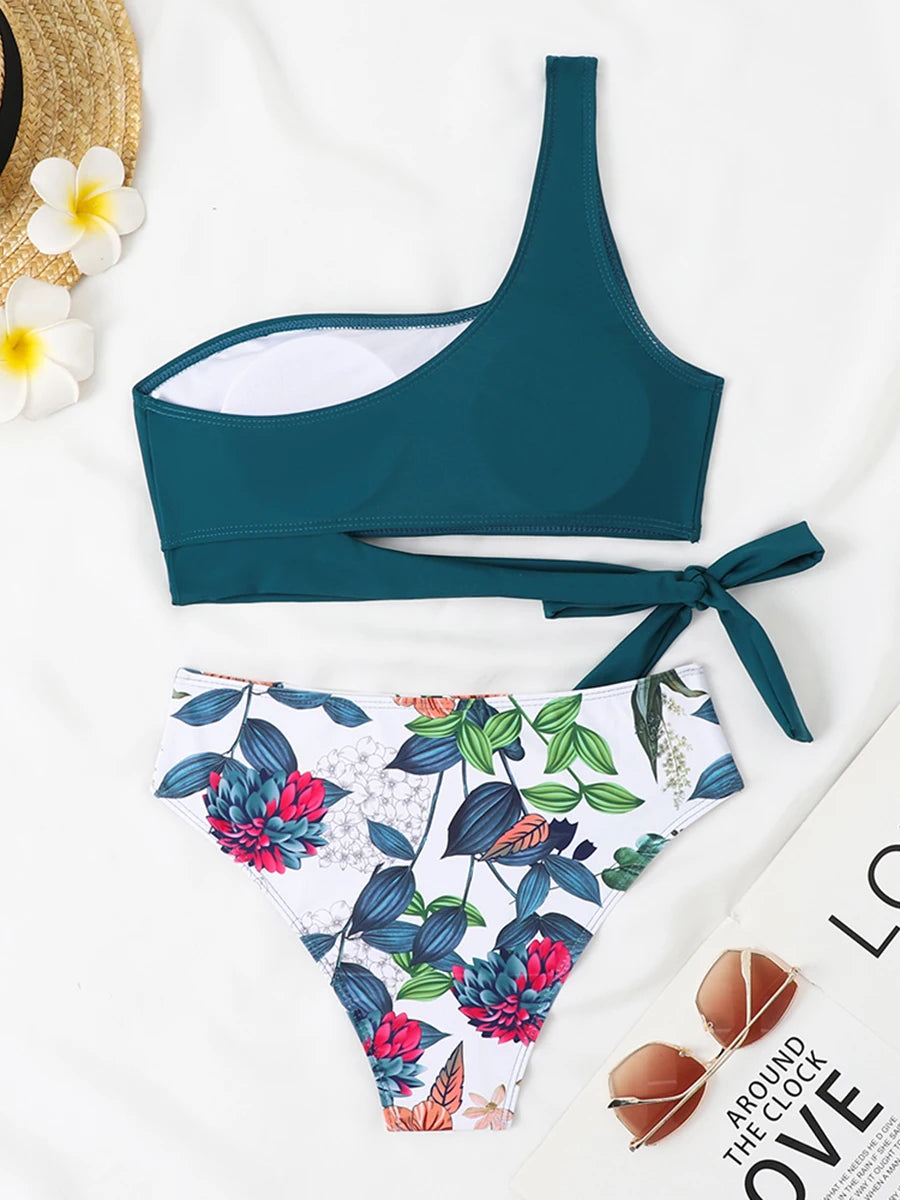 One Shoulder Bikini Set Sexy 2025 Swimsuit Women Solid Padded Swimwear Female Bathers Bathing Swimming Swim Suit Beachwear