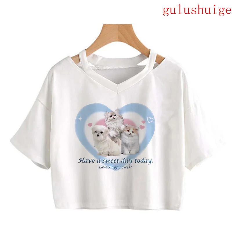 Y2k Crop Top Funny Cute Cat T Shirt Women Shirt Cropped Harajuku Graphic Ulzzang T-shirt 90s Tshirt Top Tee Female Gothic
