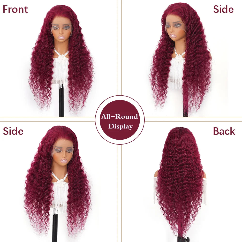 99j Burgundy 13x4 Hd Lace Frontal Human Hair Wig 30 Inch Red Colored Brazilian Deep Wave Wigs 13x4 Water Wave Curly Frontal Wig