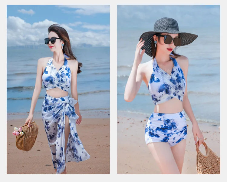 Bikini Sets Women Halter Floral Printed Three Pieces Split Swimsuit Korean Fashion Elegant Beach Style Slim Sexy Hot Girls Soft