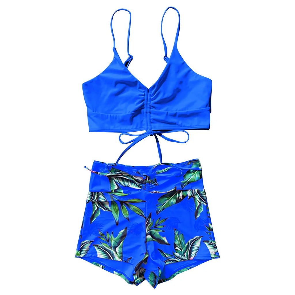 High Waisted Bikini Set for Women Two Piece Swimsuit Tummy Control Ruffle Top & Shorts Swimwear Beach Vacation Bathing Suit