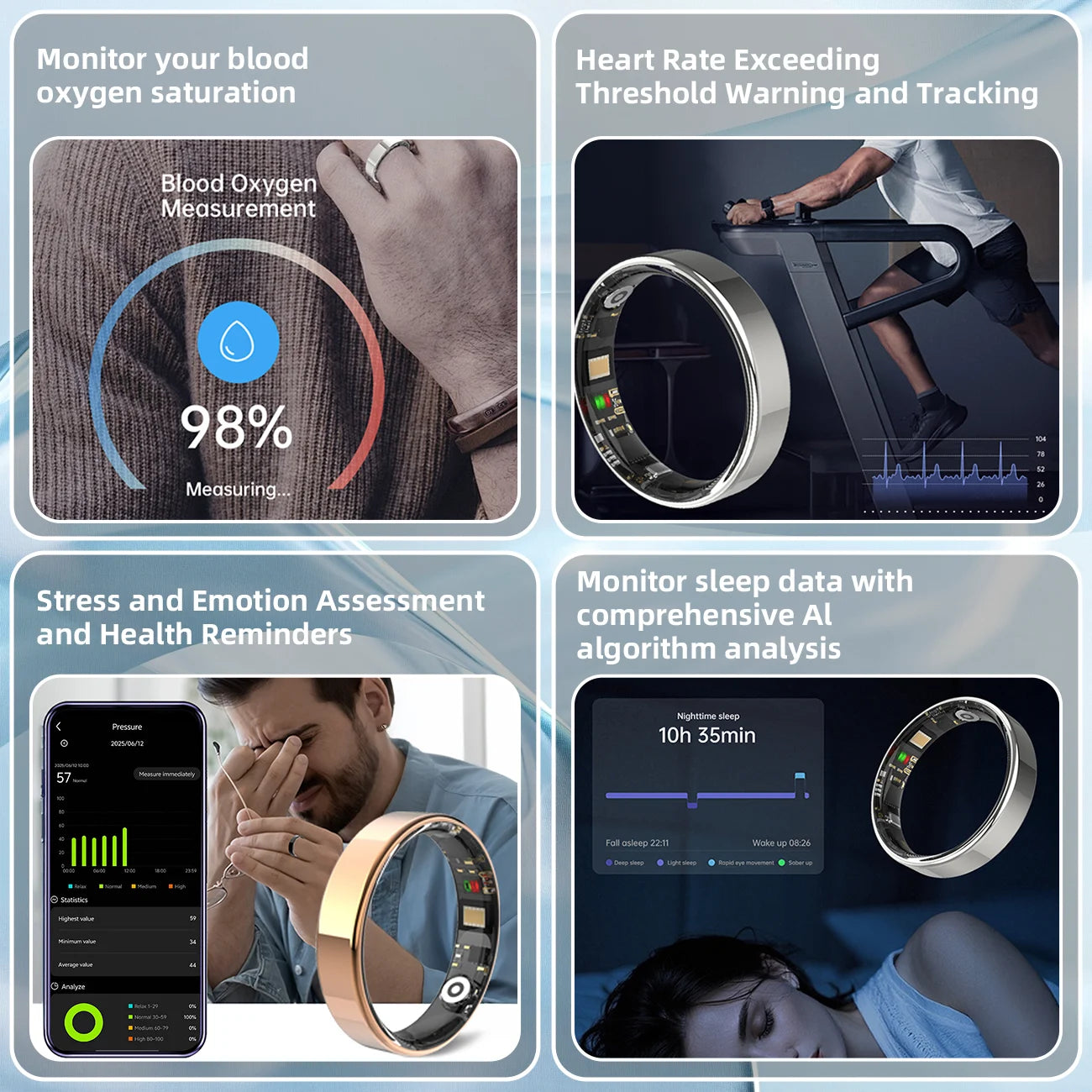 New Smart Ring Heart Rate Blood Oxygen Monitor Health Reminders 5ATM Waterproof Gesture Sensing Switch Videos Sports Record Gift