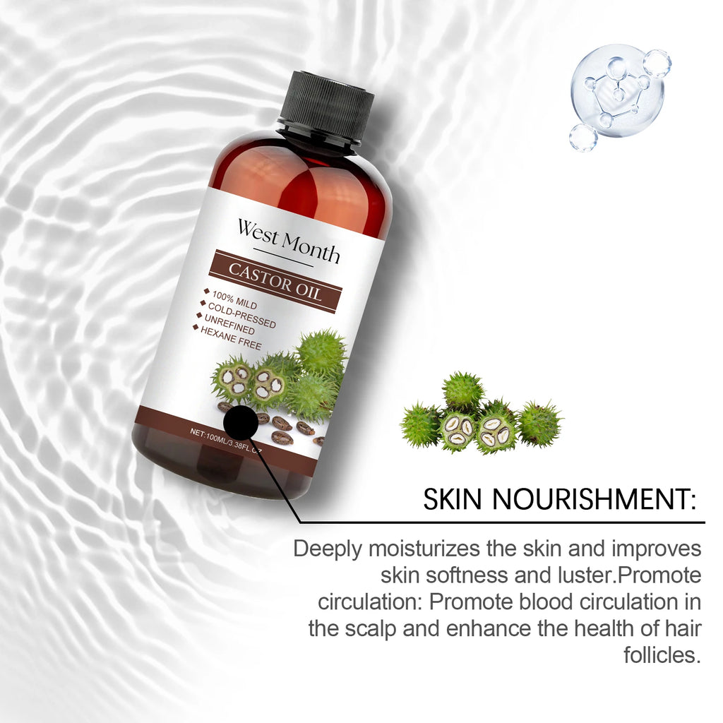 100ml Organic Castor Oil,Cold Pressed Unrefined Essential Oil For Hair Care Eyelash & Nail Growth Moisturizes Skin Hair Smoother