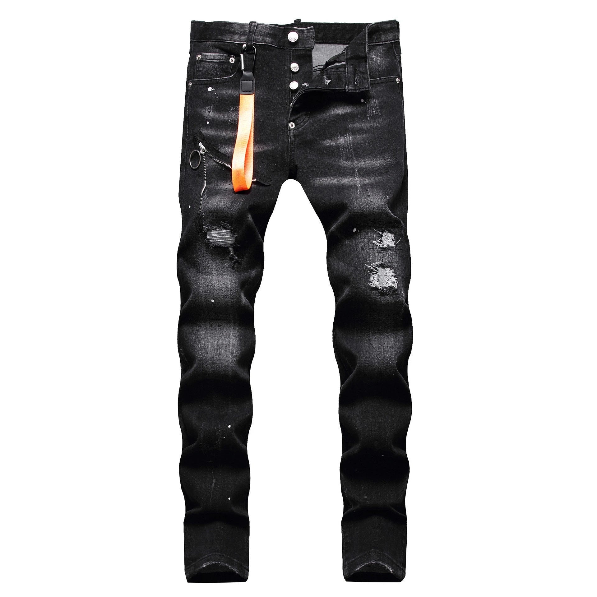 Men Black Ripped Denim Jeans Italian High Street Style Holes Jeans Denim Pants High Quality Male Slim Fit Denim Trousers Size 38
