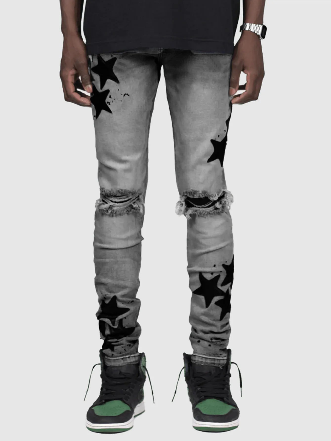 Ripped Men Jeans Denim Pant Star Mid Waist Slim Fit Vintage Wash Punk Style Skinny Pencil Pants Distressed Holes Ankle Length