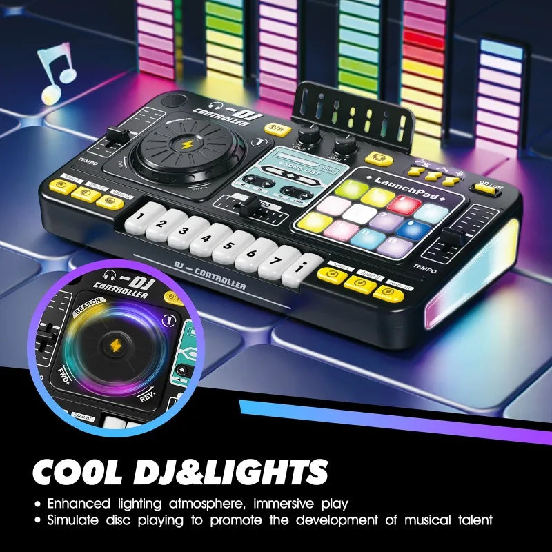 Kid DJ Mixer with Microphone Multifunctional Electronic Piano Keyboard Bluetooth DJ Turntable Controller Kid Musical Instrument