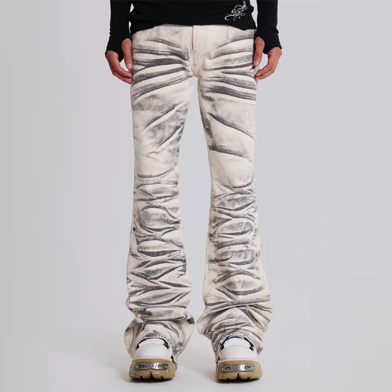 Y2K Arctic White Drift Flared Trumpet Jeans Retro Washed High Street Hip Hop Wide Leg Pants Gothic Slim Fit Unisex Trumpet Jeans
