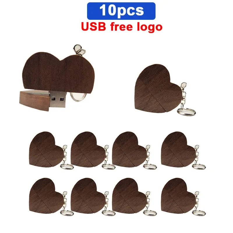 10pcs/lot Free Logo maple Wooden Heart USB + BOX USB Flash Drive Pendrive 64GB 32GB 16GB 8GB U Disk Photography Wedding Gifts