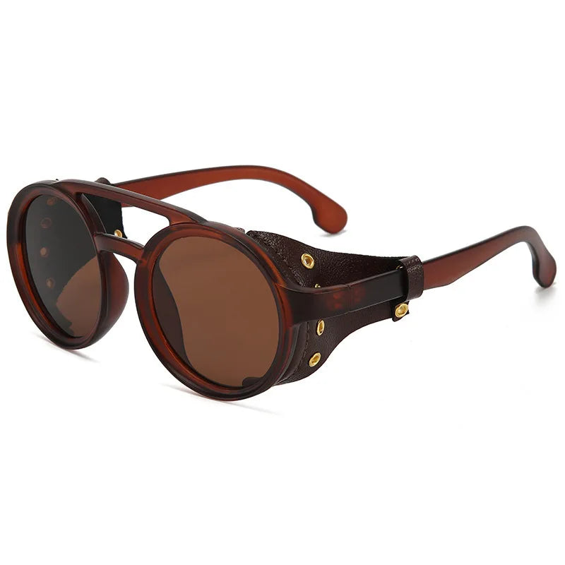 Retro Steampunk Sunglasses Men Women UV400 Round Punk Sun Glasses Vintage Goggles Leather Shades Outdoors Sports Eyewear
