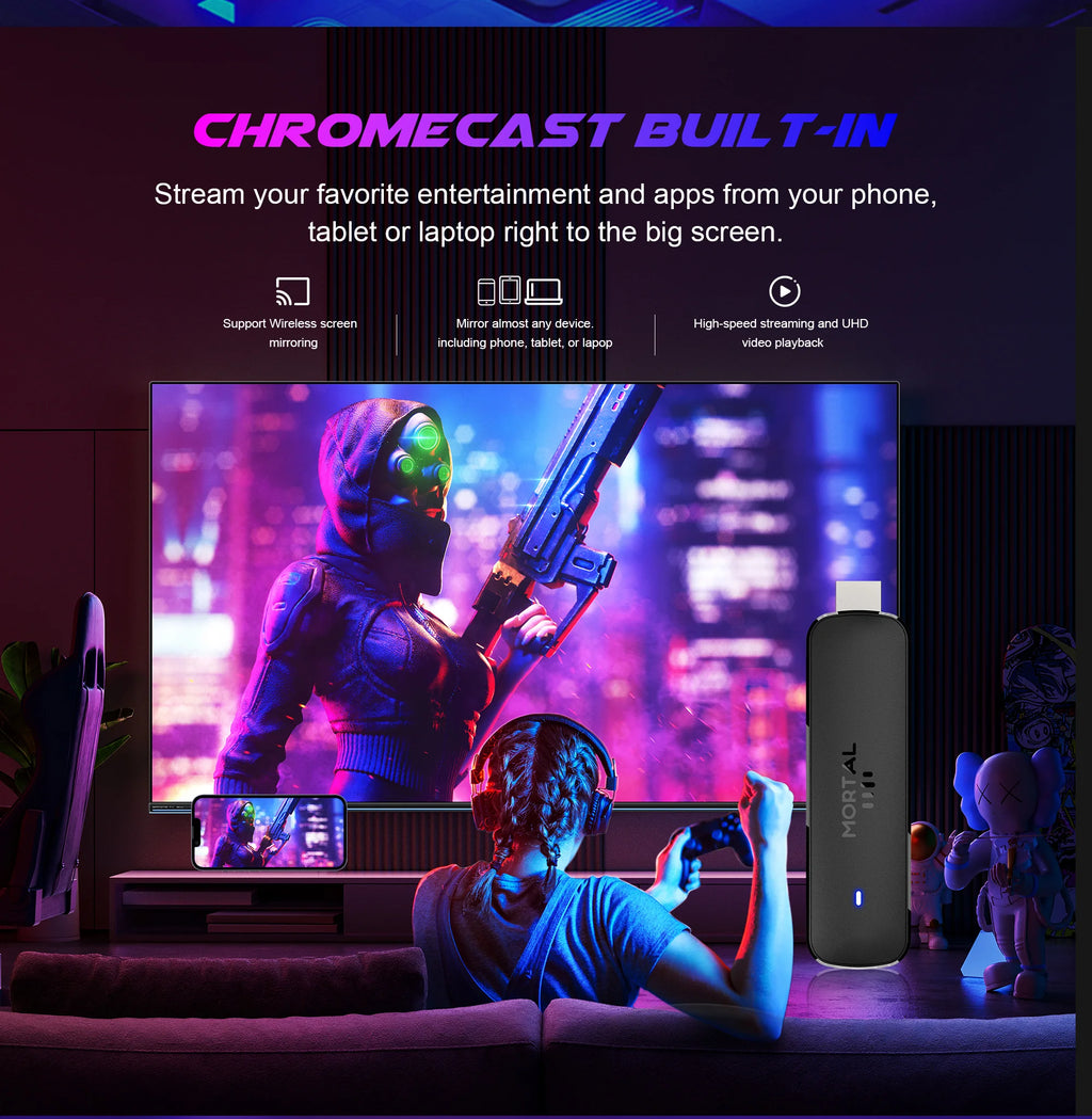 Mortal Wi-Fi 6 Streaming Stick Q8 Ultra 4K HDR Android14 AllwinnerH313 with Voice Remote Netflix Youtube Free Live TV