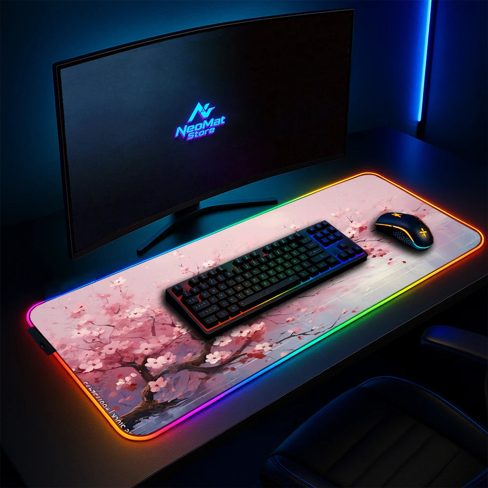 Rgb Cherry Blossom Mouse Pad Lighting Pink Mousepad Sakura Japanese Large Mouse Mat Gamer with Backlight Carpet Led Gaming Mats