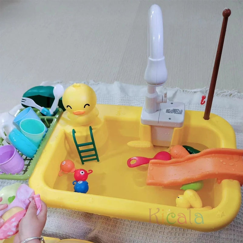Kids Kitchen Sink Toys Electric Dishwasher Playing Toy With Running Water Pretend Play Food Fishing Toy Role Playing Girls Gift