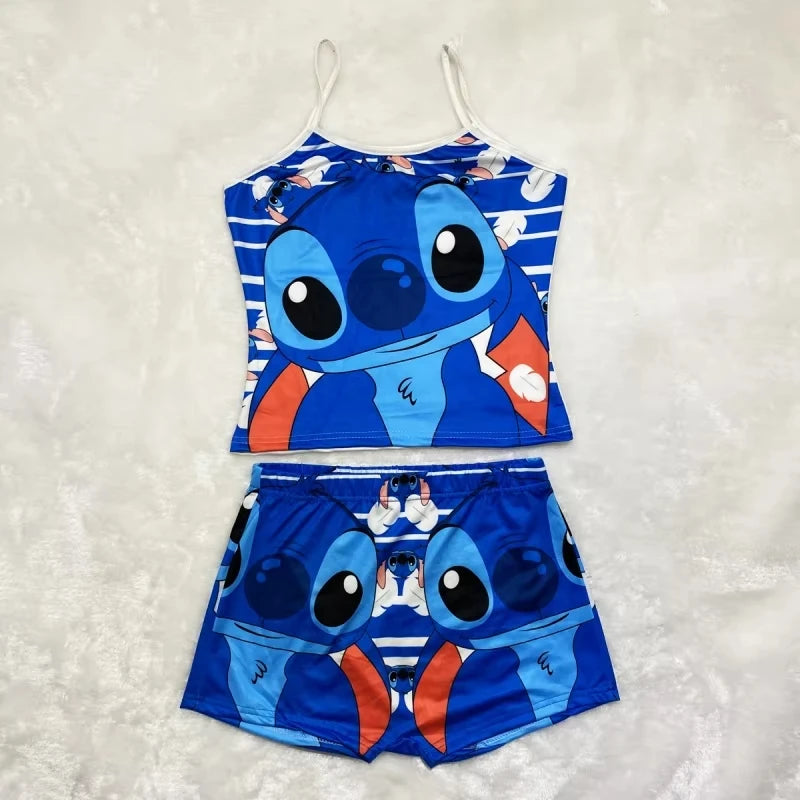 2Pcs Disney Stitch T-Shirt Short-Sleeved Set Summer Cartoon New Kawaii Yoga Suit Sports Shorts Sexy Suspender Pajamas Homewear