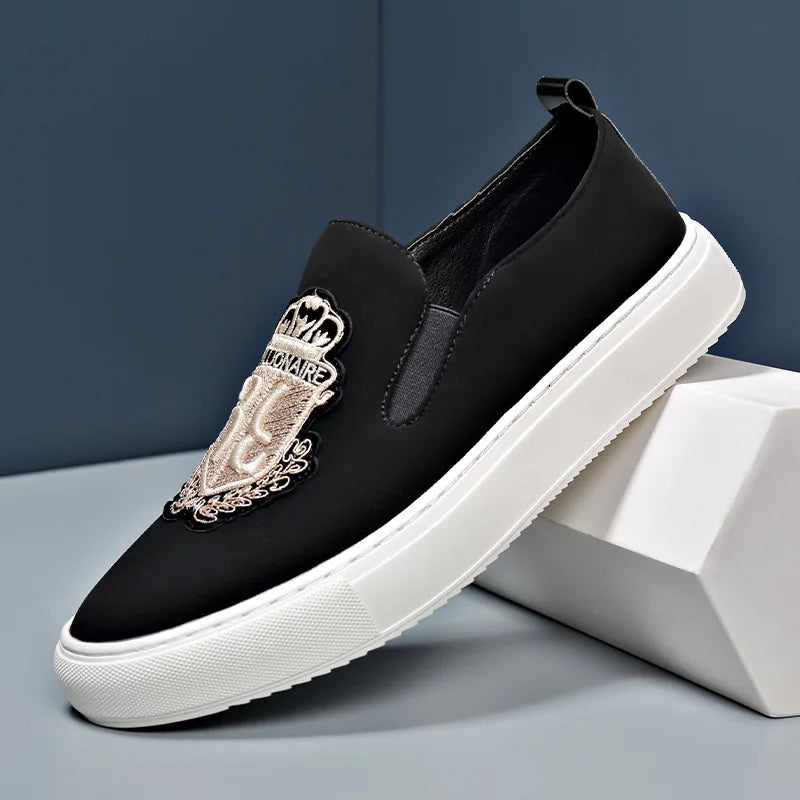 2025 Popular Summer Casual Shoes Men Comfortable Slip-On Embroidery Suede Leather Shoes European Style Loafers Men Black