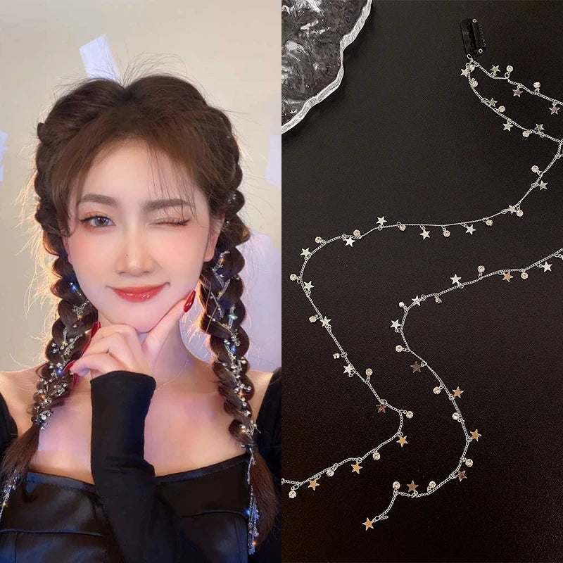 Women Wedding Dreadlocks Hair Braid Silver  Crystal Tassels Ponytail Hair Clips Ornaments Star Rhinestone