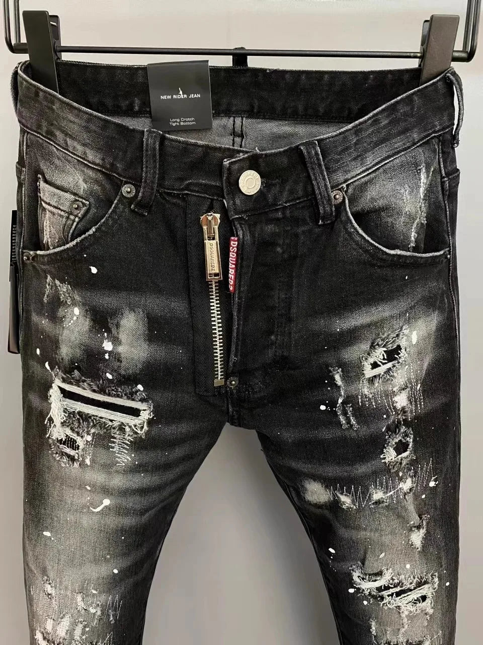 Light Luxury Washed Jeans Men's Trendy Brand Ruffian Handsome Black Ripped Patch Slim Fit Small Feet Casual Long Pants