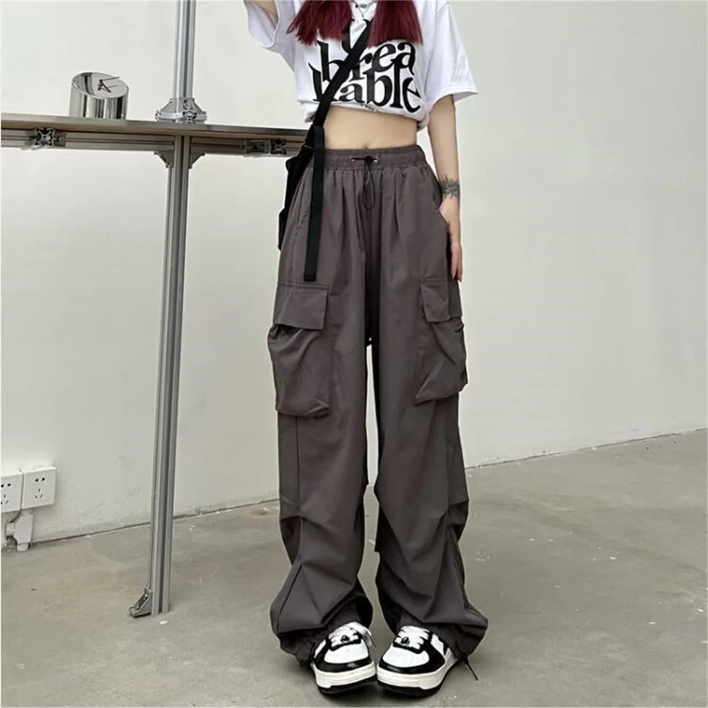Red Big Pockets Cargo Pants Women High Waist Loose Streetwear Baggy Tactical Trouser Fashion Hip Hop Joggers Trousers Female