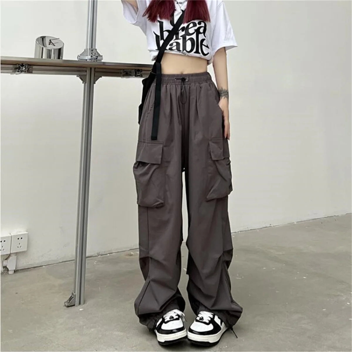 Red Big Pockets Cargo Pants Women High Waist Loose Streetwear Baggy Tactical Trouser Fashion Hip Hop Joggers Trousers Female