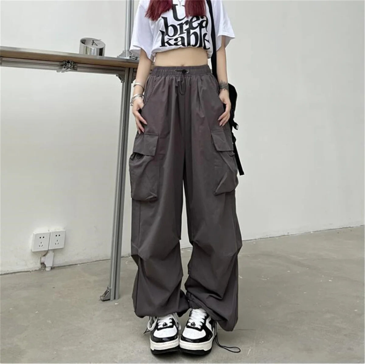 Red Big Pockets Cargo Pants Women High Waist Loose Streetwear Baggy Tactical Trouser Fashion Hip Hop Joggers Trousers Female