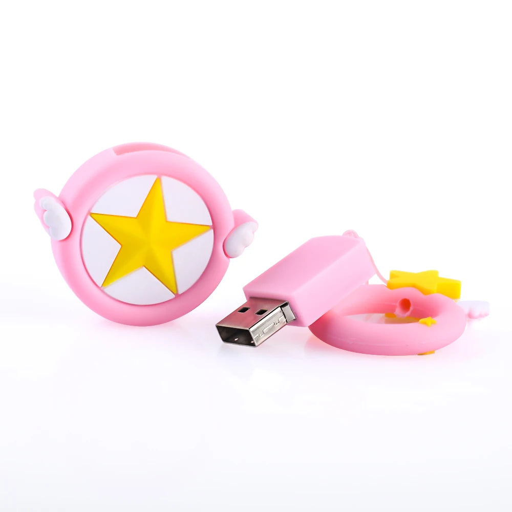 Cute Pink Stars Pen Drive Gifts for Girls Beautiful Girly Heart Key Chain Ring USB Flash Drives Real Capacity Memory Stick 64GB