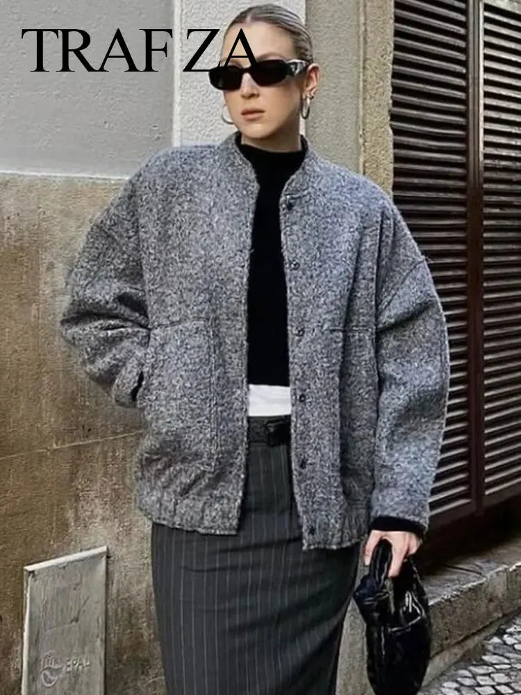 HH Women's Elegant Solid Coat Button Long Sleeve Pocket Bomber 4-Color Jacket Female Spring Casual Loose Streetwear Coats