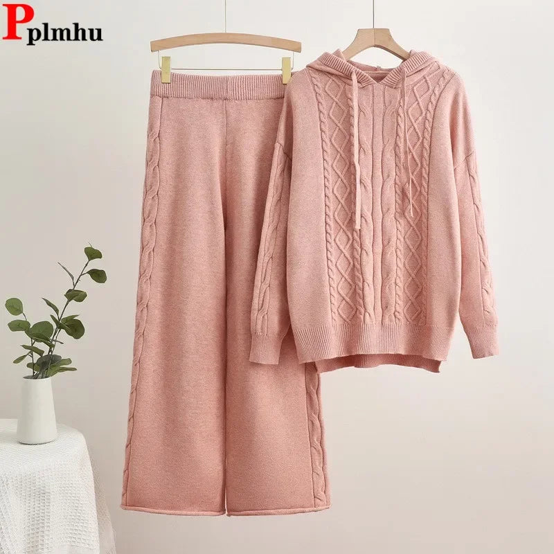 High Waist Sweatpants Outfit New Fall Winter Knitted 2 Piece Sets Women Casual Hooded Knitwears Sweater Pullover Tops Conjuntos