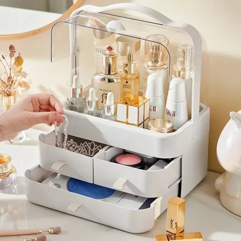 Hot Makeup Organizer Storage Box Dust-proof Desktop Drawer Jewelry Organizer Transparent Handle Skincare Storage Containers