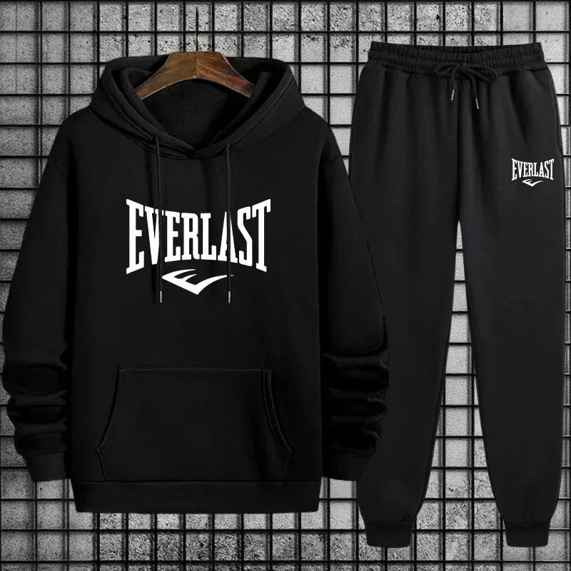 New Everlast Men's Sportswear Hooded Sweatshirt and Black Sweatpants Autumn/Winter Urban Leisure Fashion Warm Sports Set