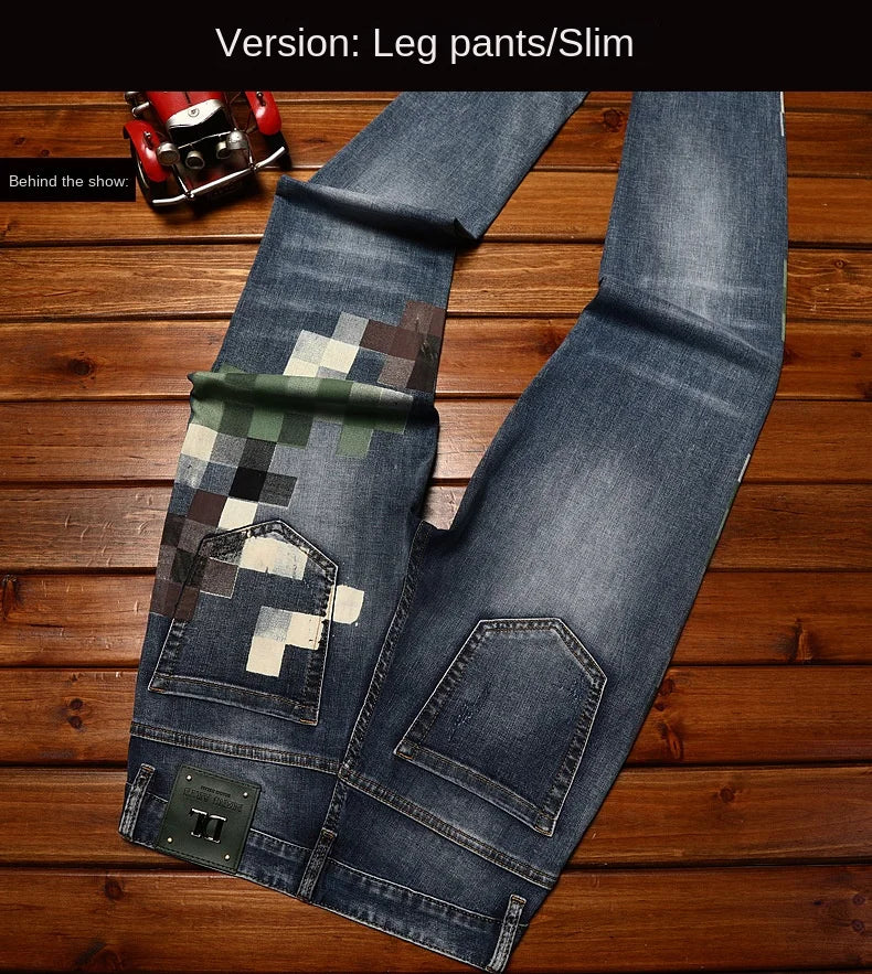 Trendy design mosaic printed jeans for men's fashionable summer thin casual and handsome elastic denim slim fit small leg pants