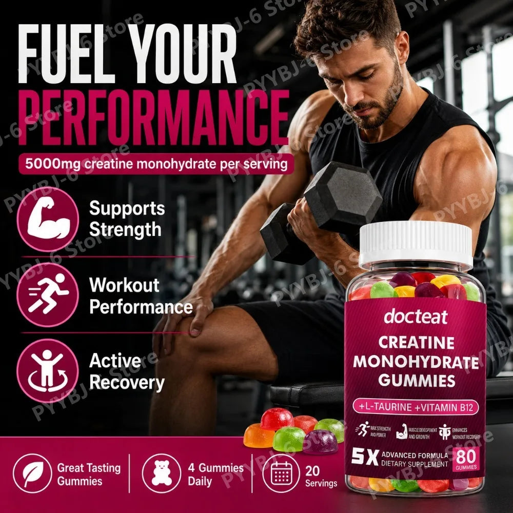 Creatine Monohydrate Gummies 80 Count with Taurine Vitamin B12 Chewable Sports Nutrition Supplement for Muscle & Energy Support