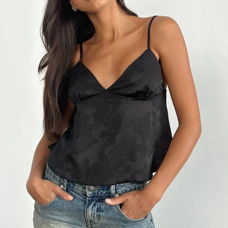 Women's Y2K Fairy Milkmaid Crop Top Cute Floral Satin Tank Top 90s Vintage Aesthetic Top Coquette Cami Tops Streetwear